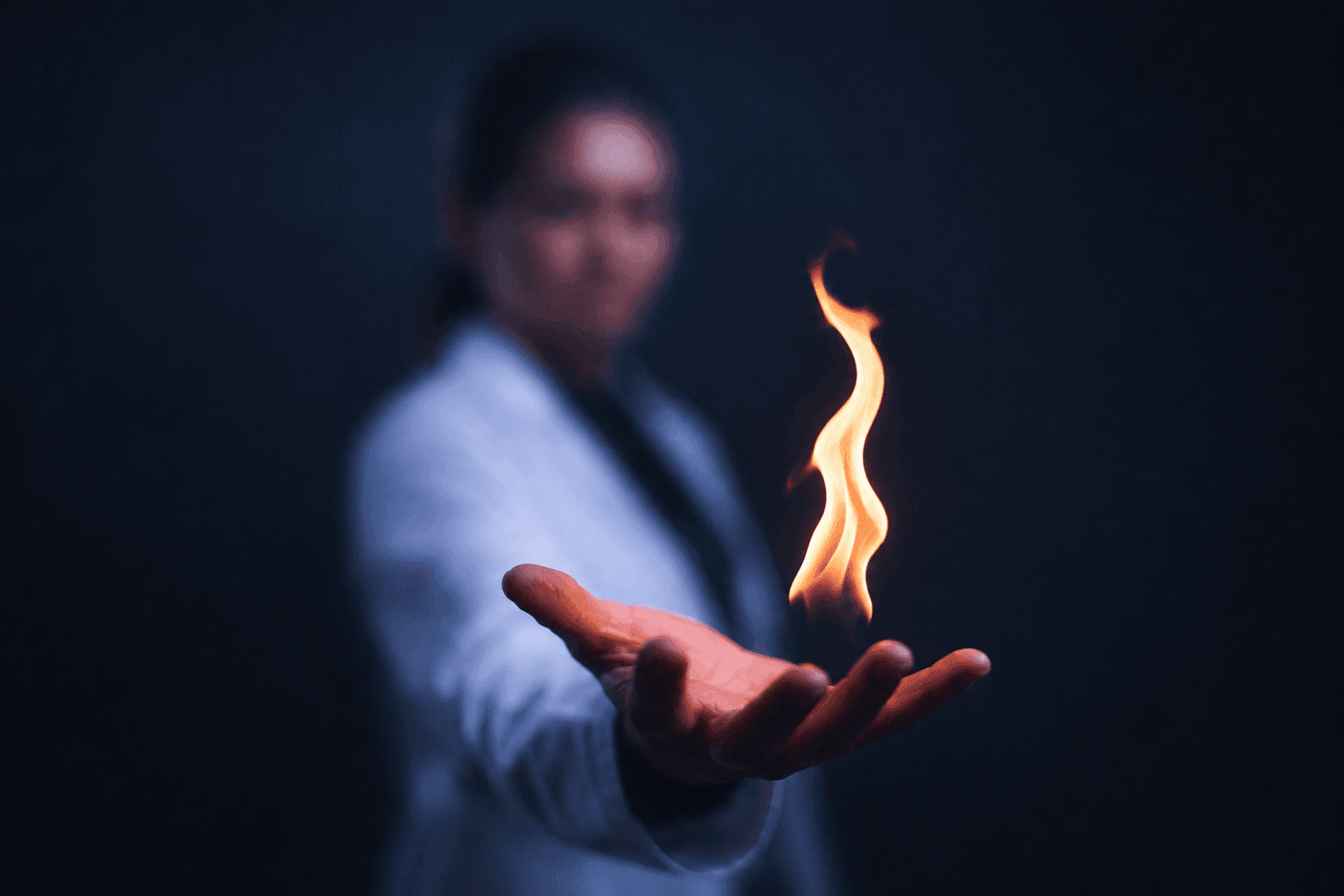 Laborantine avec flamme sur la main